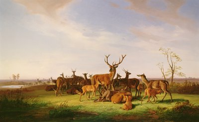 En flok hjorte i en solbeskinnet græsgang af Theodor Julius Kiellerup