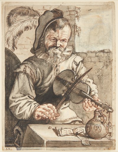 En violinspiller, halvfigur en face, siddende foran et bord med noder, en dunk og et glas af Theodor Matham