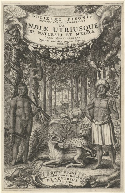 To mænd og vilde dyr foran en skov Titelside for: Indiae Utriusque, 1658 af Theodor Matham