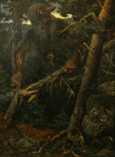 Gammel trold brækker træer i skoven af Theodor Kittelsen