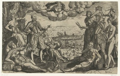 Sammenligning mellem Oranje og Alva, med det spanske raseri i baggrunden, ca. 1577 af Theodor de Bry (attributed to)