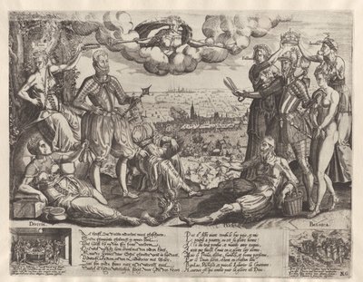 Sammenligning mellem Oranje og Alva, med det spanske raseri i baggrunden, ca. 1577 af Theodor de Bry (attributed to)
