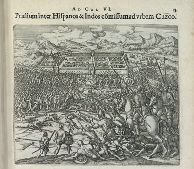 Kamp mellem spanierne og indianerne ved portene til Cuzco, 1596. af Theodor de Bry