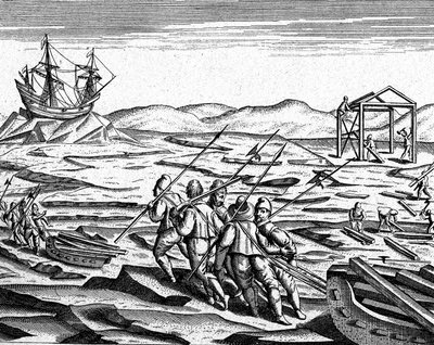 Bygning af et hus til vinter ved Nordpolen, ca. 1600 (gravering) af Theodor de Bry