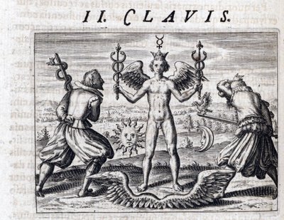 Symbolsk komposition af alkymi, en nøgen ung mand, vinge og krone, svinger to caduceus, omgivet af månen og solen, over for mænd bevæbnet med sværd, der bærer en ørn og en slange - Indgravering af Theodore de Bry (1528 -1598), for traktaten om alc af Theodor de Bry