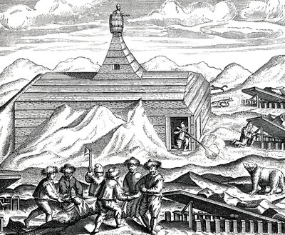 Skærer en bjørn op på Nordpolen, ca. 1600 (gravering) af Theodor de Bry