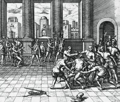 Inka-kejser Atahualpa bliver garroteret af Pizarros tropper, 26. juli af Theodor de Bry