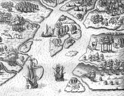 Jean Ribault opstiller en søjle med den franske konges våben i Charlesfort af Theodor de Bry