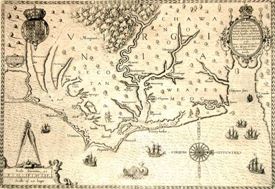 Kort over 1590 indgraveret af Theodore de Bry efter akvarel af den engelske kolonist John White, guvernør i Roanoke. Virginia og kyst med små øer og Roanoke ved flodmundingen. Secotan og Weapemeocs indfødte lande. af Theodor de Bry