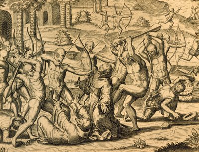 Martyrium for missionærmunke i Sydamerika, gravering fra Historia americae, af Theodor de Bry (1528-1598), Frankfurt af Theodor de Bry