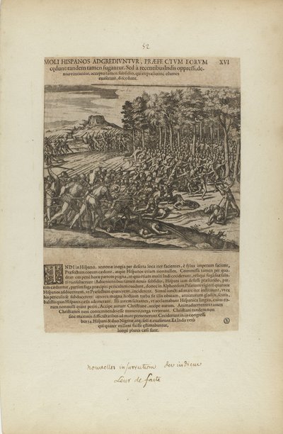 Moli Hispanos Adgrediuntur, Praefe Ctum Eorum/Cedunt: Tandeum.... (fra bogen Americae, del fem) af Theodor de Bry