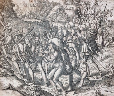 Indfødte bliver boardet på skibe for at blive ført til slaveri i Sevilla, gravering af Theodor de Bry (1528-1598), Antillerne af Theodor de Bry