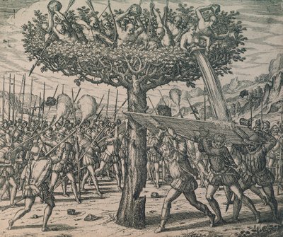 Indfødte gemmer sig i træerne og kæmper mod erobrerne af Theodor de Bry