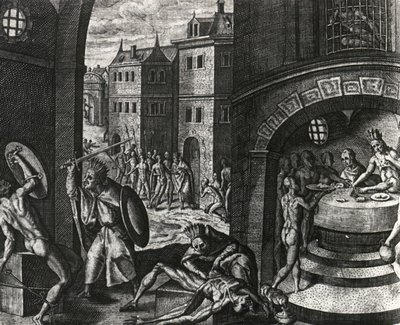 Præst dræber offer for falsk slagsmål og flår derefter krop, Mexico, gravering fra Peregrinationes, af Theodor de Bry (1528-1598), Mellemamerika af Theodor de Bry