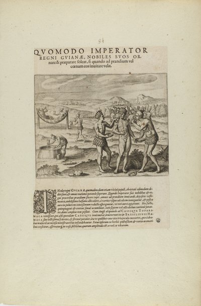 Quomodo Imperator/Regni Guianae, Nobiles Suos Or-/Nare.... (fra bogen Americae, del syv og otte) af Theodor de Bry