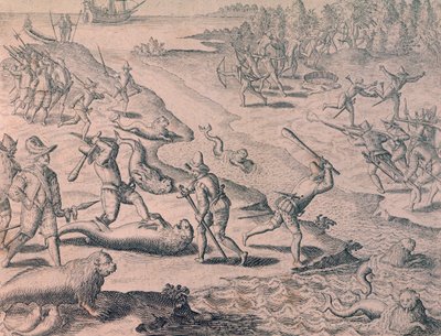 Slagtning af søløver af opdagelsesrejsende af Theodor de Bry