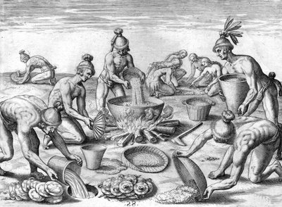 Timucuan-indianere forbereder et festmåltid af Theodor de Bry