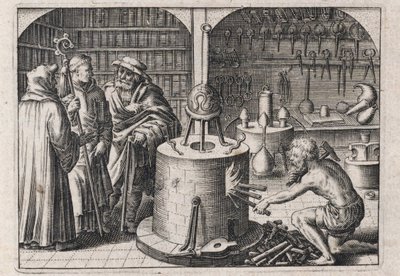 Tre lærde samtaler i alkymiværkstedet med ovn og instrumenter - Gravering af Theodore de Bry (1528-1598), til alkymiafhandlingen ""Tripus avreus, hoc est, Tres tractatus chymici selectissimi"" af Michael Maier (1569-1622) af Theodor de Bry