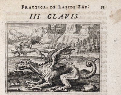 En drage, i baggrunden, en hønestjælende ulv, angrebet af en hane - Indgravering af Theodore de Bry (1528-1598), til alkymiafhandlingen ""Tripus avreus, hoc est, Tres tractatus chymici selectissimi" " af Michael Maier (1569-1622) af Theodor de Bry
