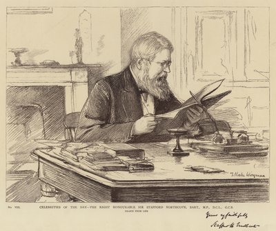 Dagens berømtheder, den højre ærede Sir Stafford Northcote, Baronet, MP, DCL, GCB af Theodore Blake Wirgman