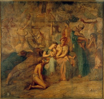 Fredsallegorisk fremstilling med mor og barn og besætninger. Maleri af Cour des comptes-trappen af Theodore Chasseriau (1819-1856) 1800-tallet søn. 3,4x3,6 m af Théodore Chassériau