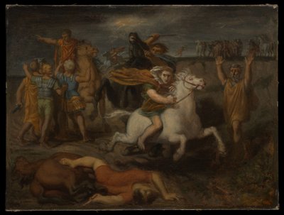 Scene fra Gallerkrigen: Galleren Littavicus, der forråder den romerske sag, flygter til Gergovie for at støtte Vercingétorix af Théodore Chassériau