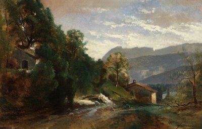 Bjerglandskab ved Voreppe, Dauphiné (olie på lærred) af Théodore Fourmois