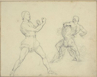 Bokser vender mod højre og to mænd bryder af Theodore Gericault