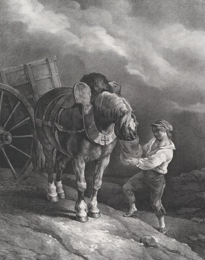 Dreng fodrer en vogn med hest fra en næsepose, 1822. af Theodore Gericault