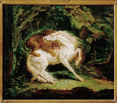 Cheval attaque par un lion - en hest angrebet af en løve, efter en radering af Laurie og et maleri af George Stubbs ... af Theodore Gericault