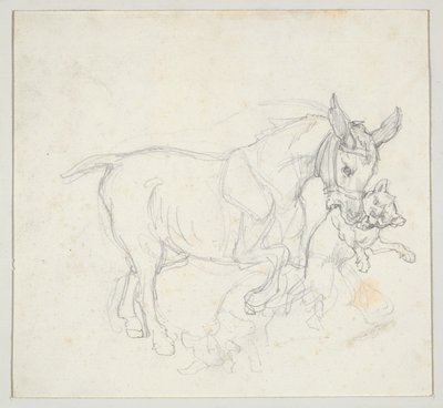 Æsel, der bærer en hund i munden (forsiden); Studie af hjort, der jages af hunde, hjortehoved (bagsiden) af Theodore Gericault