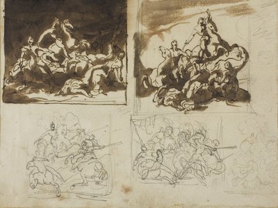Fem skitser til et kavalerislag, 1813-14 af Theodore Gericault