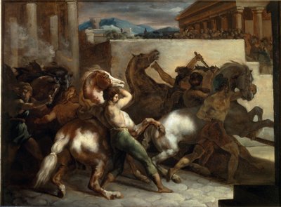 Gratis hestevæddeløb i Rom - olie på lærred af Theodore Gericault