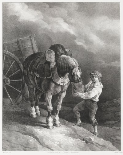 Dreng, der giver havre til en spændt hest (A Boy Giving Oats to a Hitched Horse) af Theodore Gericault