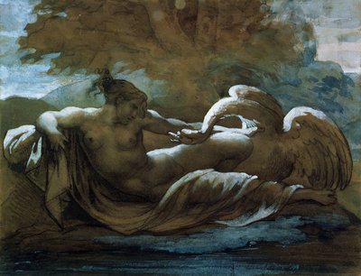 Leda og svanen (sort kridt og akvarel) af Theodore Gericault
