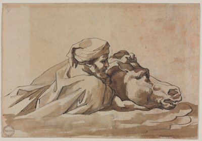 Mand, der holder en hest i vand, efter Poussins "Syndfloden" (recto), ca. 1816 (pen og brunt blæk og pensel og brun lavering over grafit) af Theodore Gericault