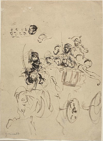 Napoleons hærvogn med skitser af hoveder af Theodore Gericault
