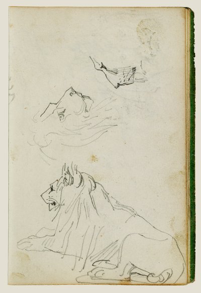 Siddende løve, to studier af løvehoved af Theodore Gericault