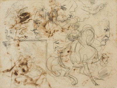 Skitser af mænds ansigter, hestes mule og ridende soldater af Theodore Gericault