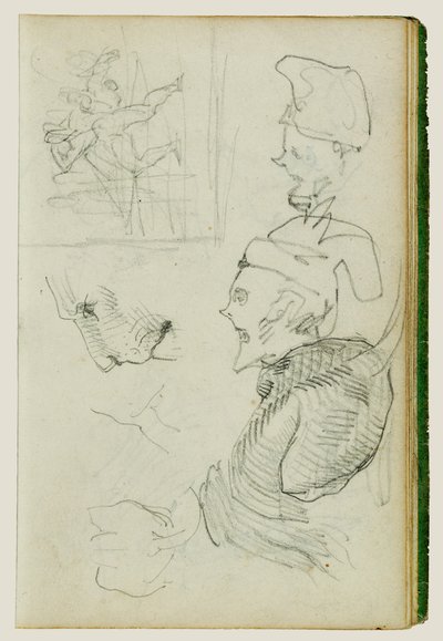 Studier af løve, kompositorisk gruppefigurstudie, to karikaturhovedstudier af Theodore Gericault