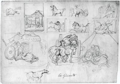 Afbildning af heste (forsiden); En vogn efterfulgt af en skiltebærer (bagsiden) af Theodore Gericault