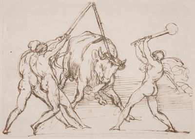 Tre mænd, der driller en tyr af Theodore Gericault