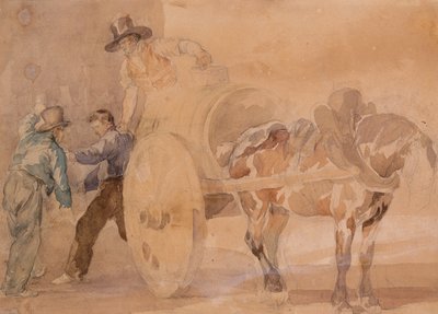 Tre mænd læsser en vogn af (akvarel over spor af blyant på papir) af Theodore Gericault