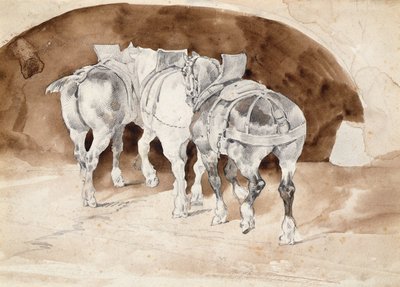 Tre tunge heste i sele (blyant og sepia vask) af Theodore Gericault