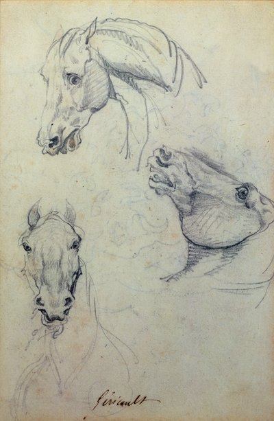 Tre hestehoveder (blyant) af Theodore Gericault