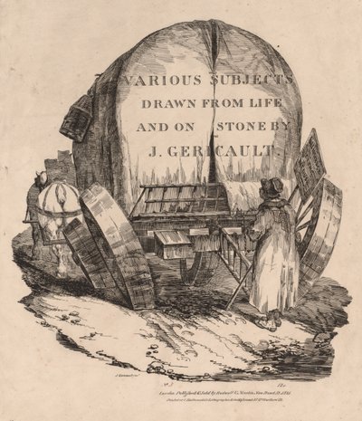 Forskellige emner tegnet fra livet og på sten: En vogn med spændte heste, 1821. af Theodore Gericault