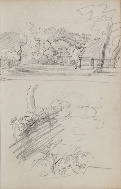 Udsigt over et landsted og studier af buske og løv af Theodore Gericault