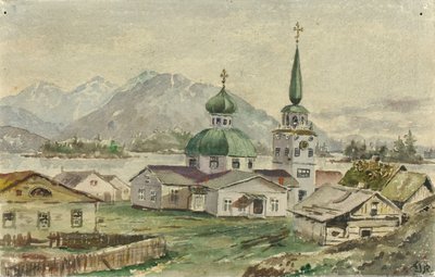 Set bagfra af græsk kirke, Sitka, 1888. af Theodore J. Richardson