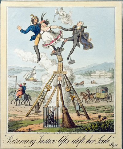 Returning Justice Lifts Aloft Her Scale, udgivet af G. Humphrey, London, 1821 (gravering på papir) af Theodore Lane