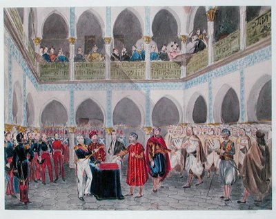 Investiture of the Bey of Algier af Grev Bertrand Clausel (1772-1842) 1835 (akvarel på papir) af Theodore Leblanc